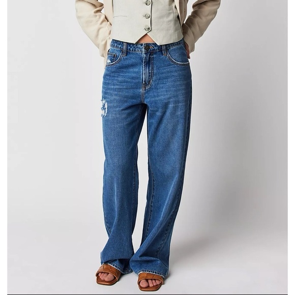 NWT Free People One Teaspoon Jackson Wide Leg Jeans Mid Rise Denim in Bay Blue - Picture 1 of 13